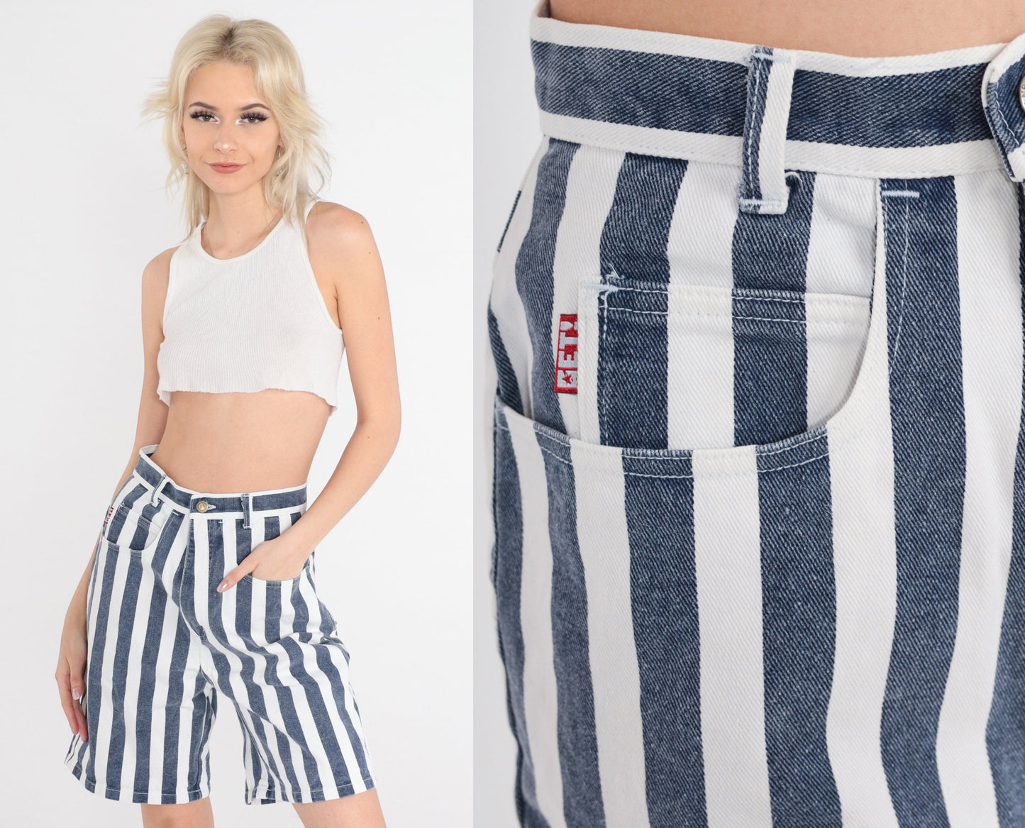 90s Striped Denim Shorts High Waisted Blue White Knee Length Small S