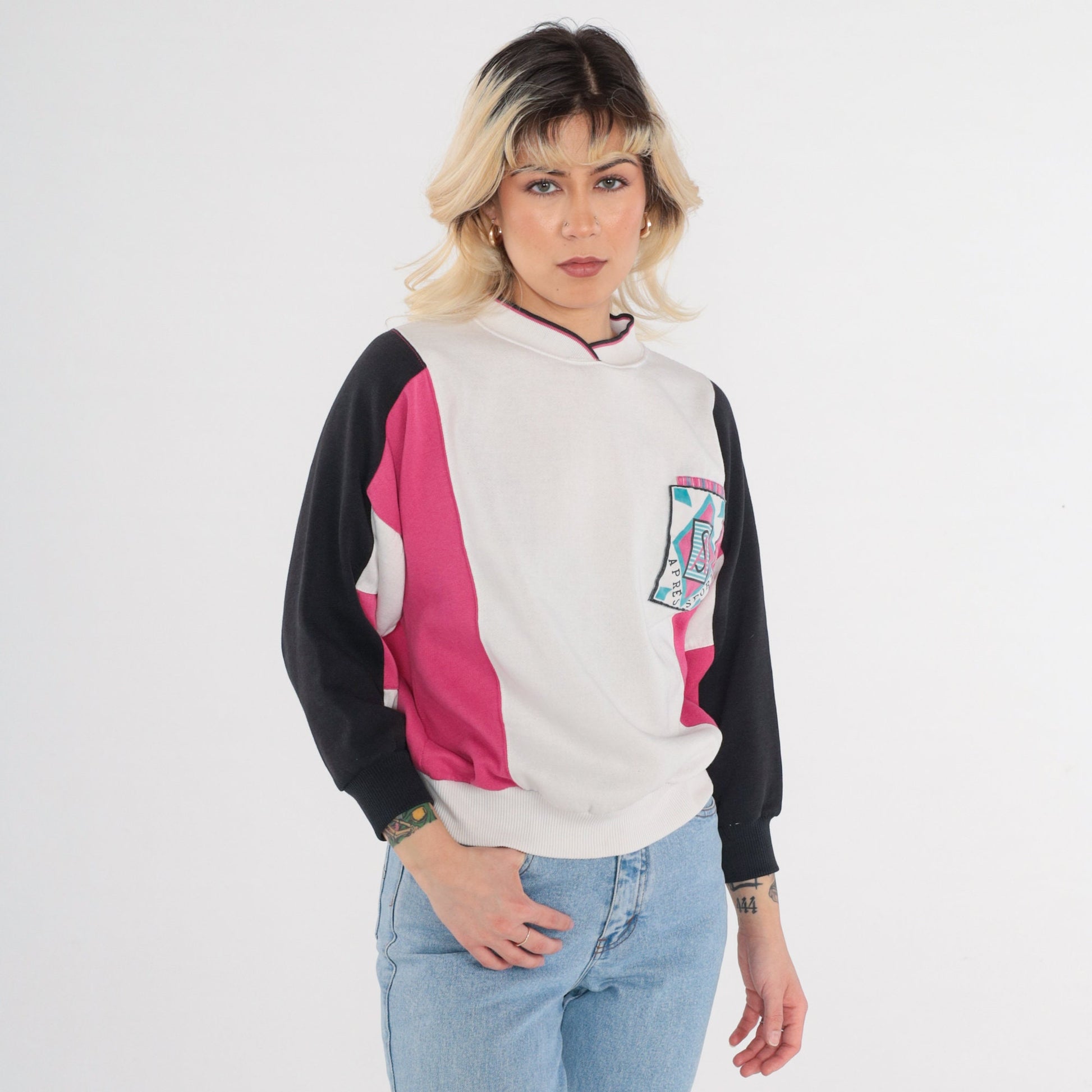 90s Apres Sport Color Block Sweatshirt White Pink Black Crewneck Small