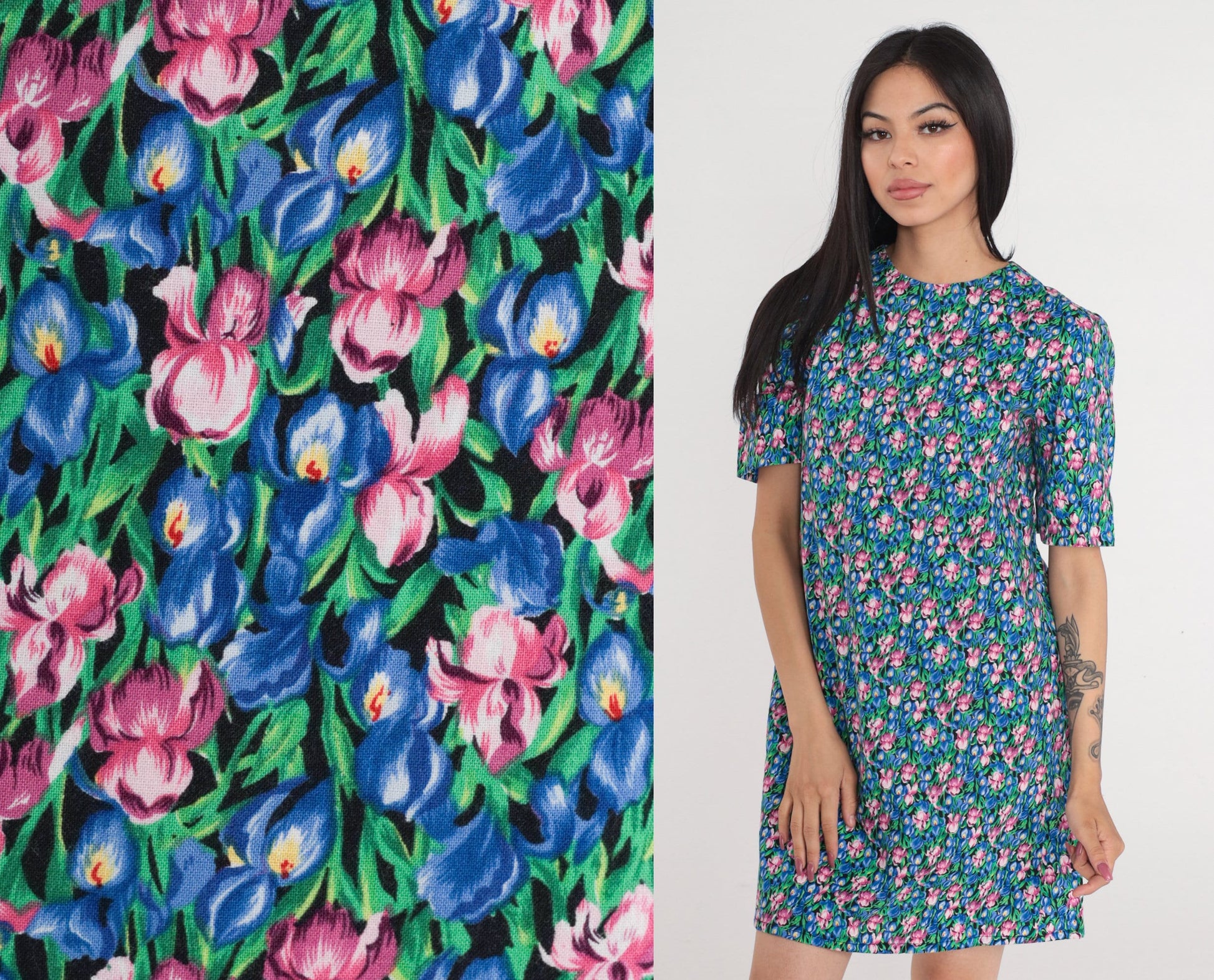 80s Iris Floral Mini Dress Short Sleeve Shift Green Blue Pink Small