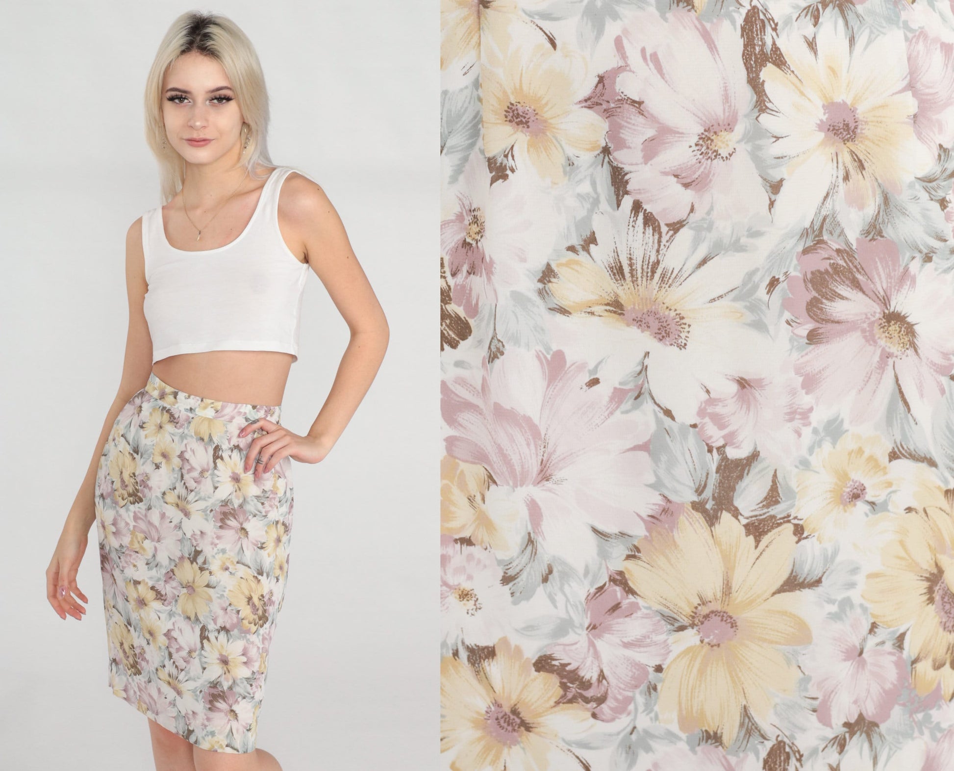 80s Floral Pencil Skirt High Waisted Knee Length Extra Small