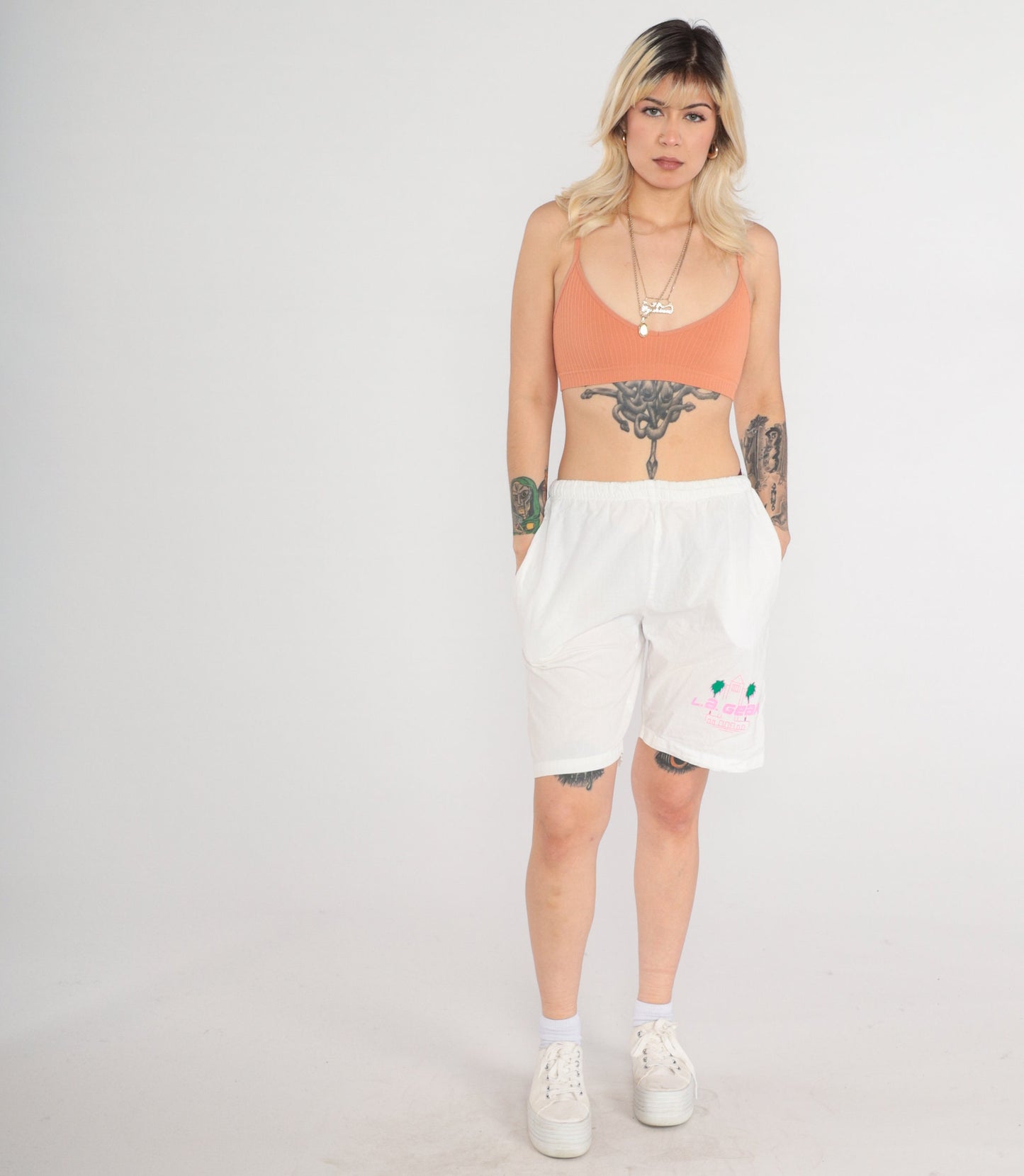 90s LA Gear White Neon Palm Tree Shorts High Waist Medium Large