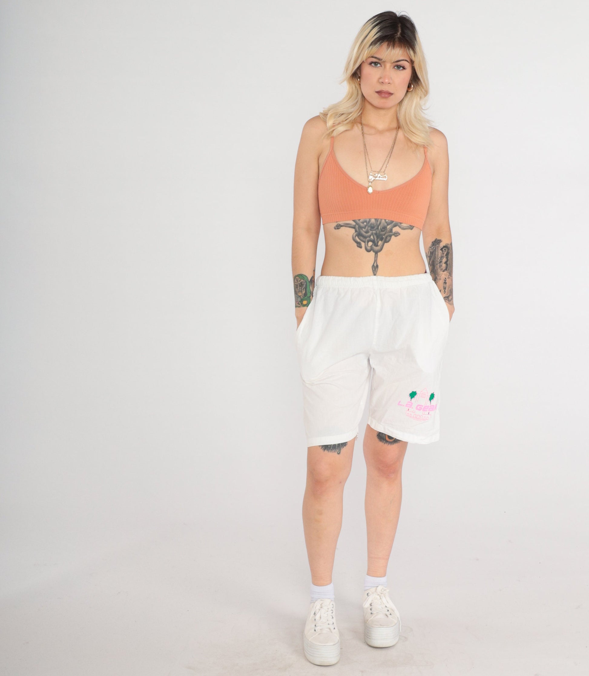 90s LA Gear White Neon Palm Tree Shorts High Waist Medium Large