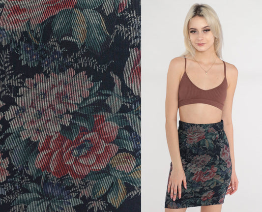 80s Byer of California Navy Floral Corduroy Mini Skirt High Waisted Pencil Extra Small