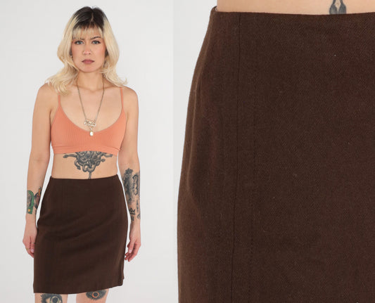 70s Brown Wool Pencil Skirt High Waist Rear Zip Small
