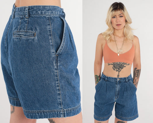 90s Liz Claiborne Pleated Jean Shorts High Waisted Blue Denim Petite Medium