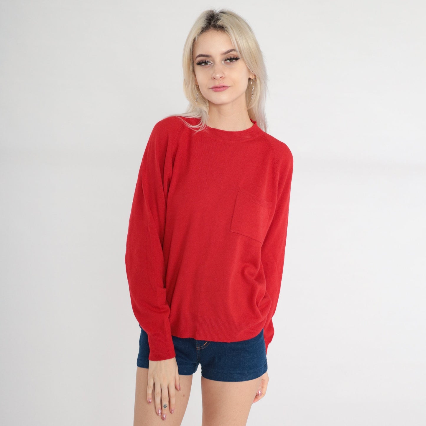 90s Red Lambswool Blend Crewneck Pullover Sweater Chest Pocket Medium M