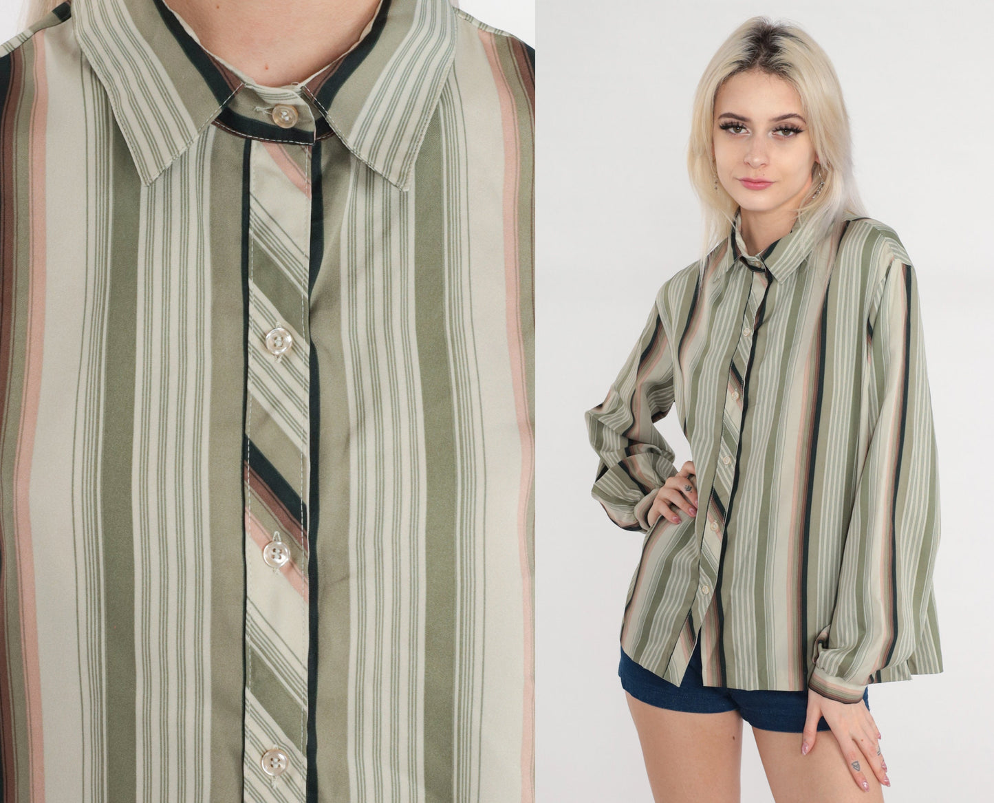 70s Lady Arrow Striped Button-Up Blouse Long Sleeve Collared Green Pink Large L