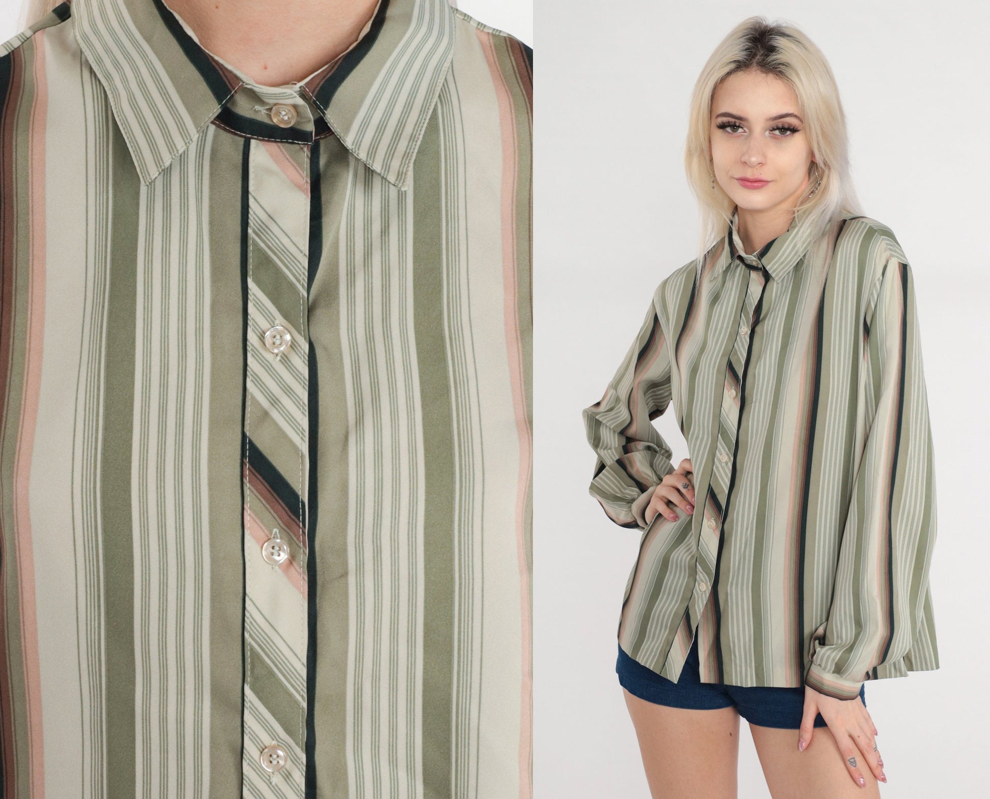 70s Lady Arrow Striped Button-Up Blouse Long Sleeve Collared Green Pink Large L
