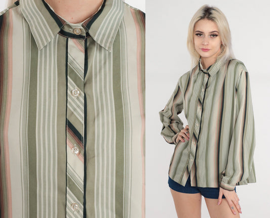 70s Lady Arrow Striped Button-Up Blouse Long Sleeve Collared Green Pink Large L