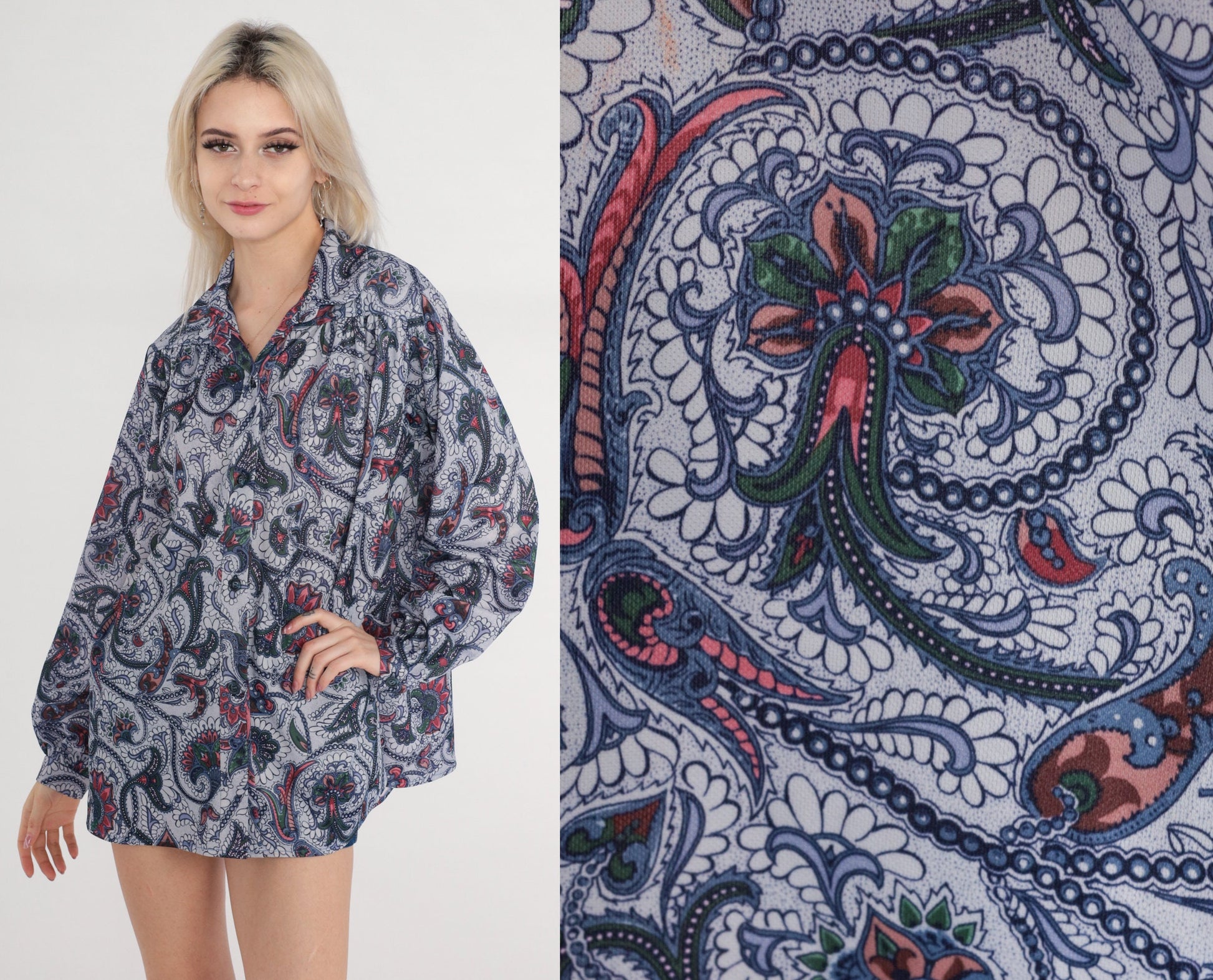 70s Indian Floral Print Button-Up Blouse Long Sleeve Pleated Yoke Medium
