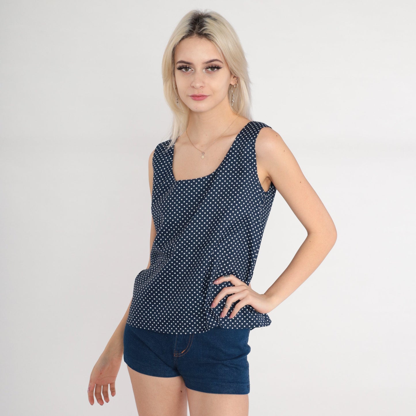 70s Navy Polka Dot Tank Top White Sleeveless Blouse Button Back Small