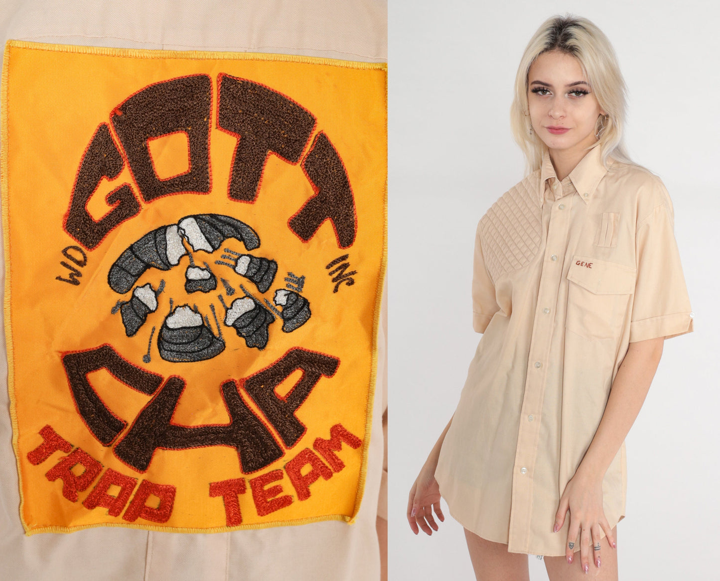70s Gotcha Trap Team Hunting Shirt Beige Quilted Button Up Medium