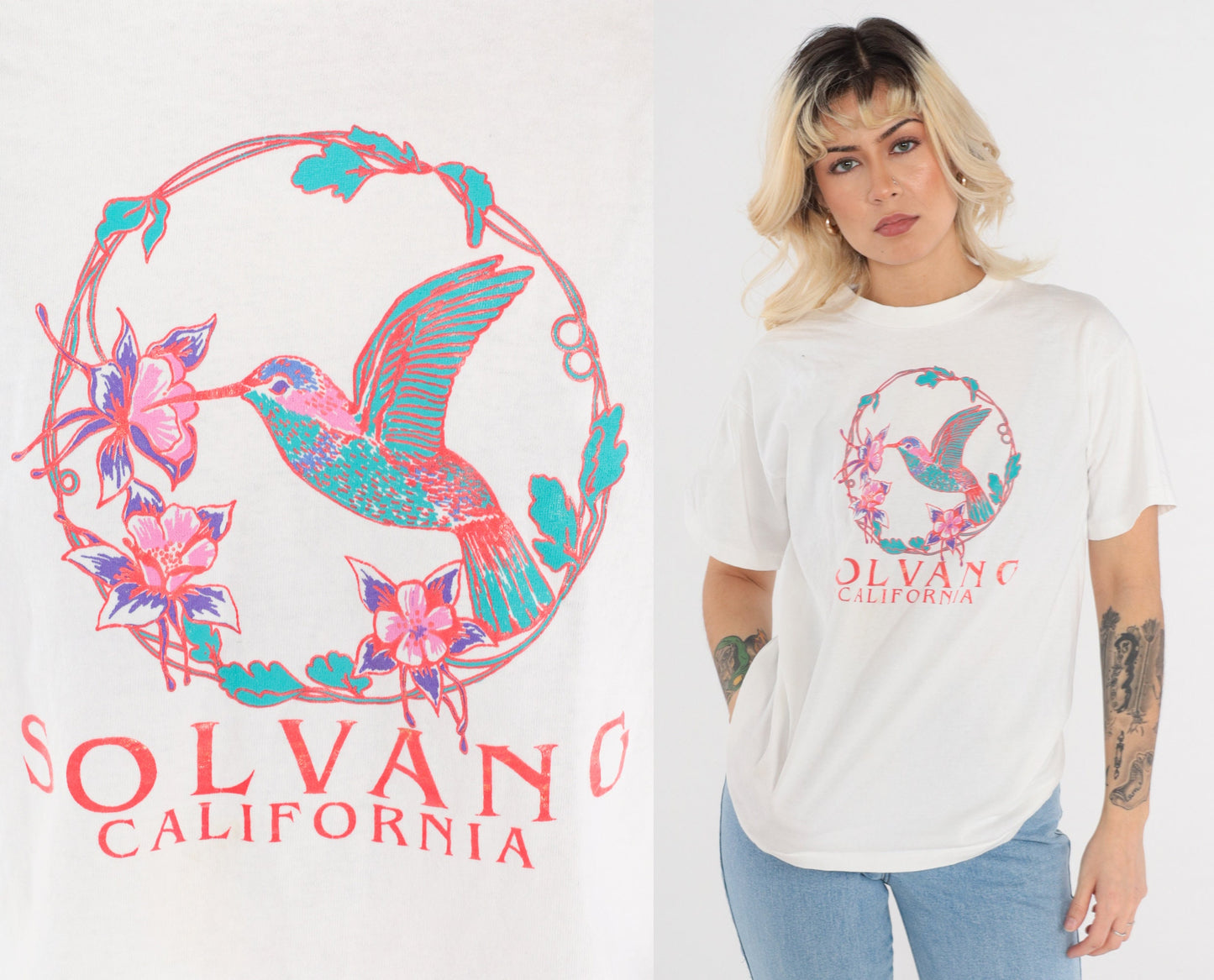 90s Solvang California Hummingbird Graphic T-Shirt White Cotton Single Stitch Medium
