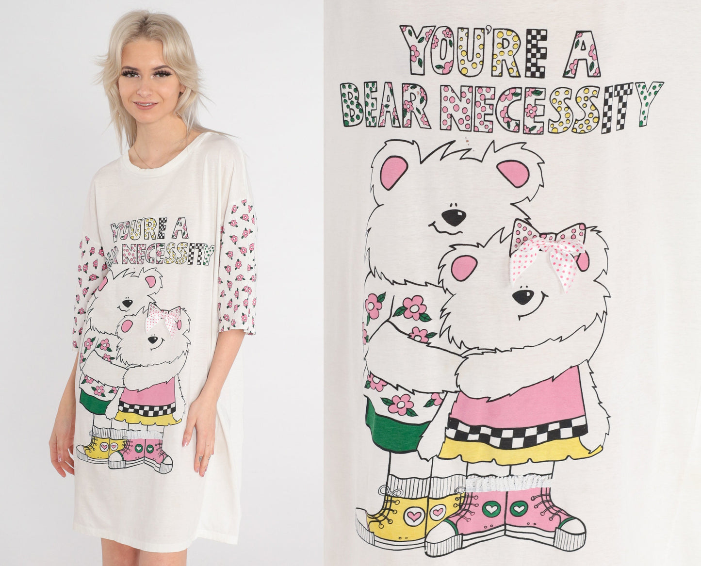 90s Teddy Bear Graphic T-Shirt Dress You're a Bear Necessity Mini Cream Small