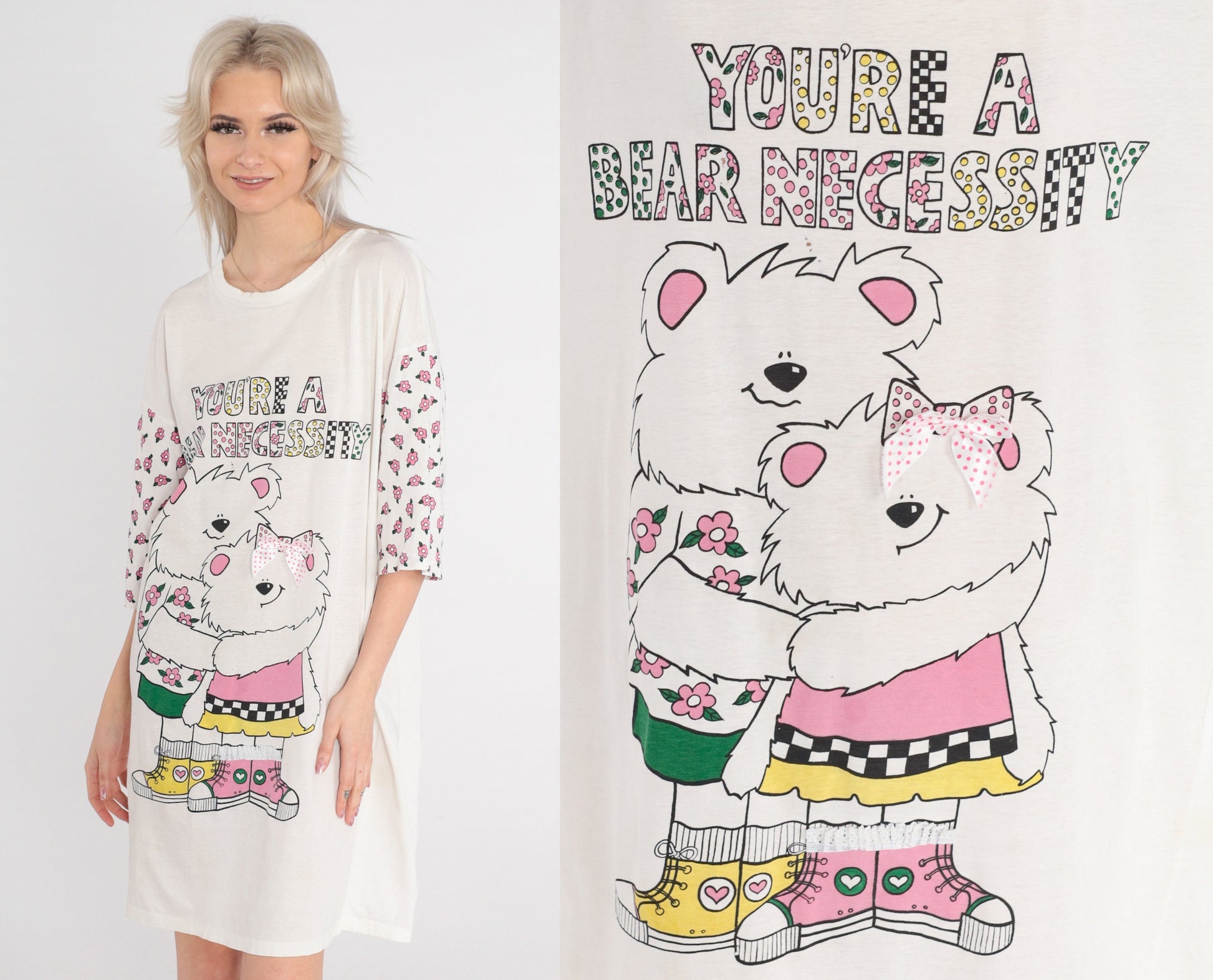 90s Teddy Bear Graphic T-Shirt Dress You're a Bear Necessity Mini Cream Small