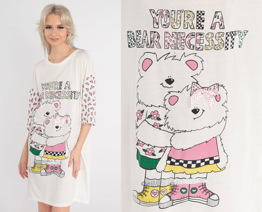 90s Teddy Bear Graphic T-Shirt Dress You're a Bear Necessity Mini Cream Small