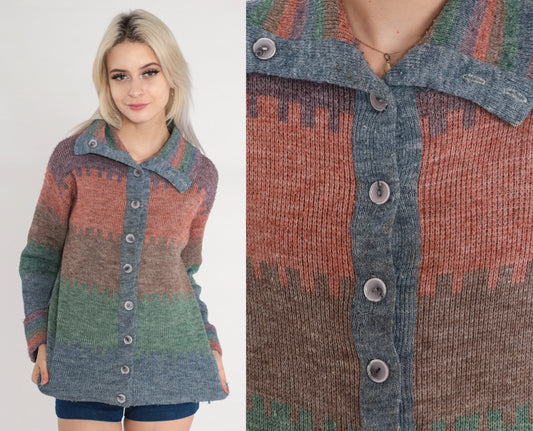 70s Striped Cardigan Knit Button Up Sweater Orange Blue Purple Green Medium M