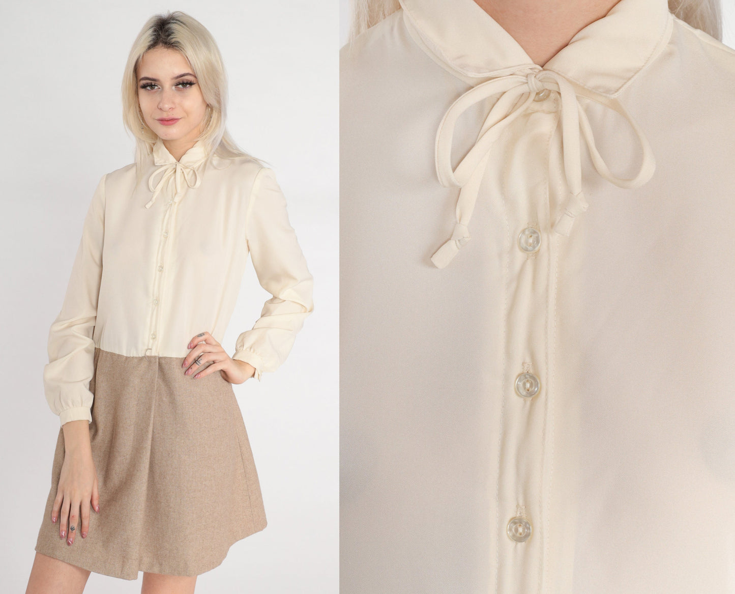 70s Secretary Shift Mini Dress Peter Pan Collar Tie Cream Taupe Medium