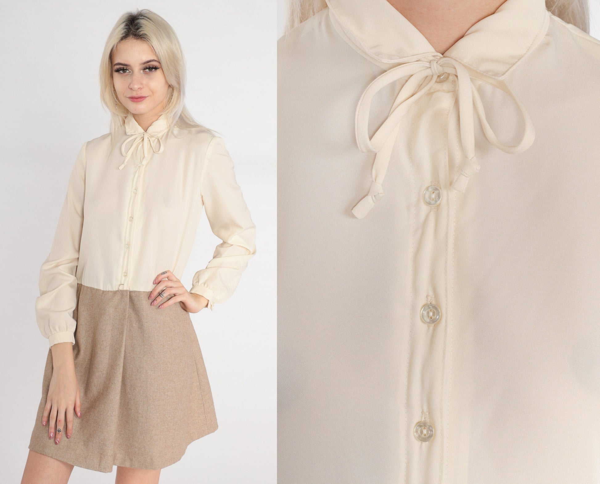 70s Secretary Shift Mini Dress Peter Pan Collar Tie Cream Taupe Medium