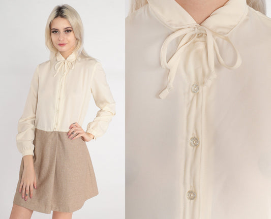 70s Secretary Shift Mini Dress Peter Pan Collar Tie Cream Taupe Medium