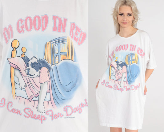 Y2K Big Dogs Pajama Dress 'I'm Good in Bed' Graphic Tee Mini Cotton Small