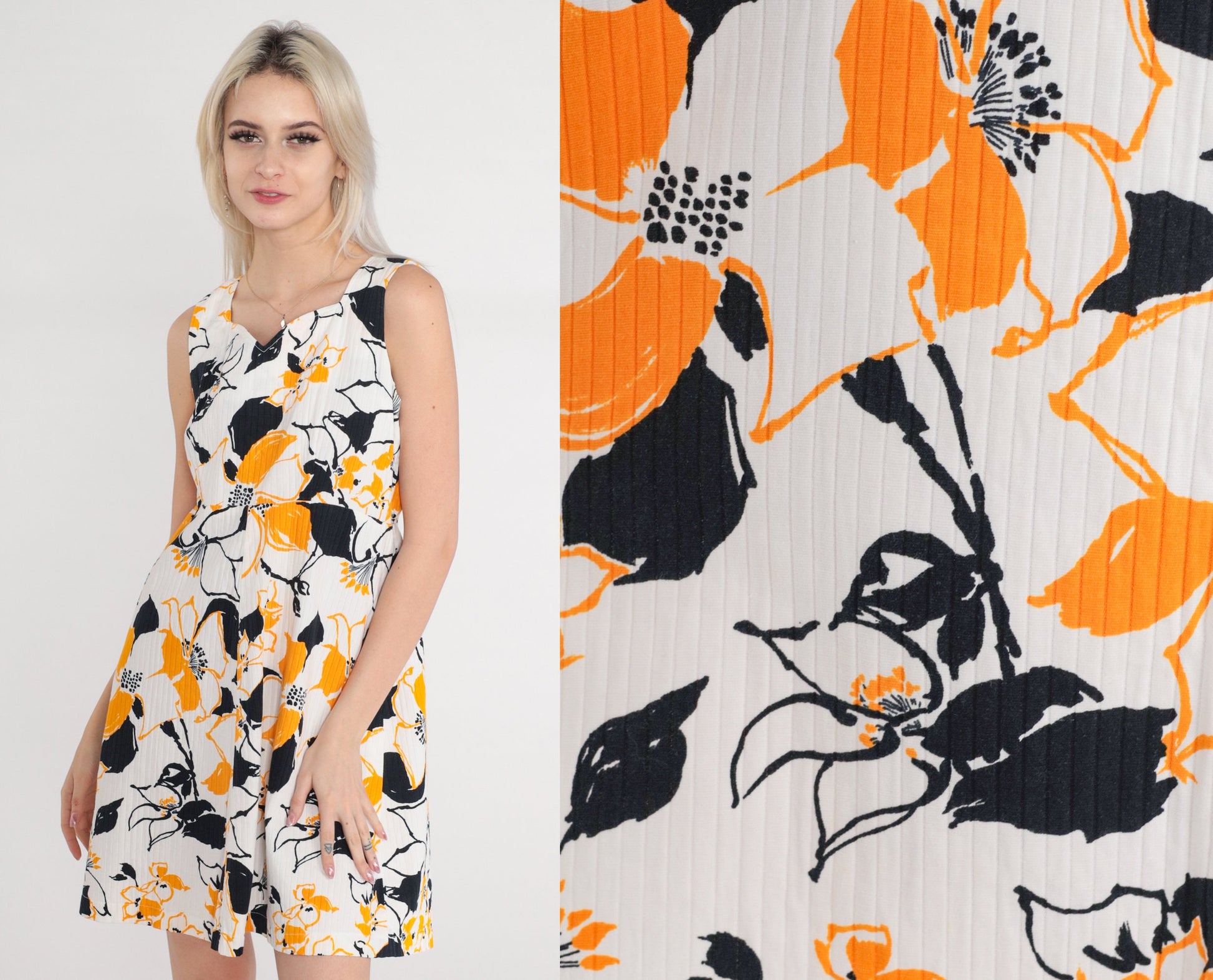 60s Floral Shift Dress White Orange Black Tropical Print Sweetheart Mini Medium M