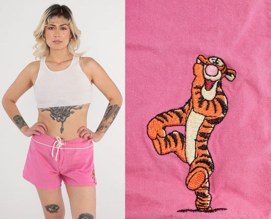 00s Tigger Winnie the Pooh Shorts Hot Pink High Waisted Lace Up Cotton Medium