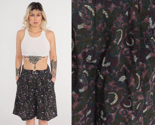 90s Floral Pleated Shorts High Waist Wide Leg Dark Print Purple Green Small