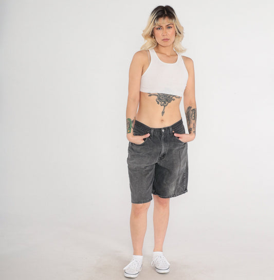 90s Levi's 550 Black Denim Shorts High Rise Knee Length 33
