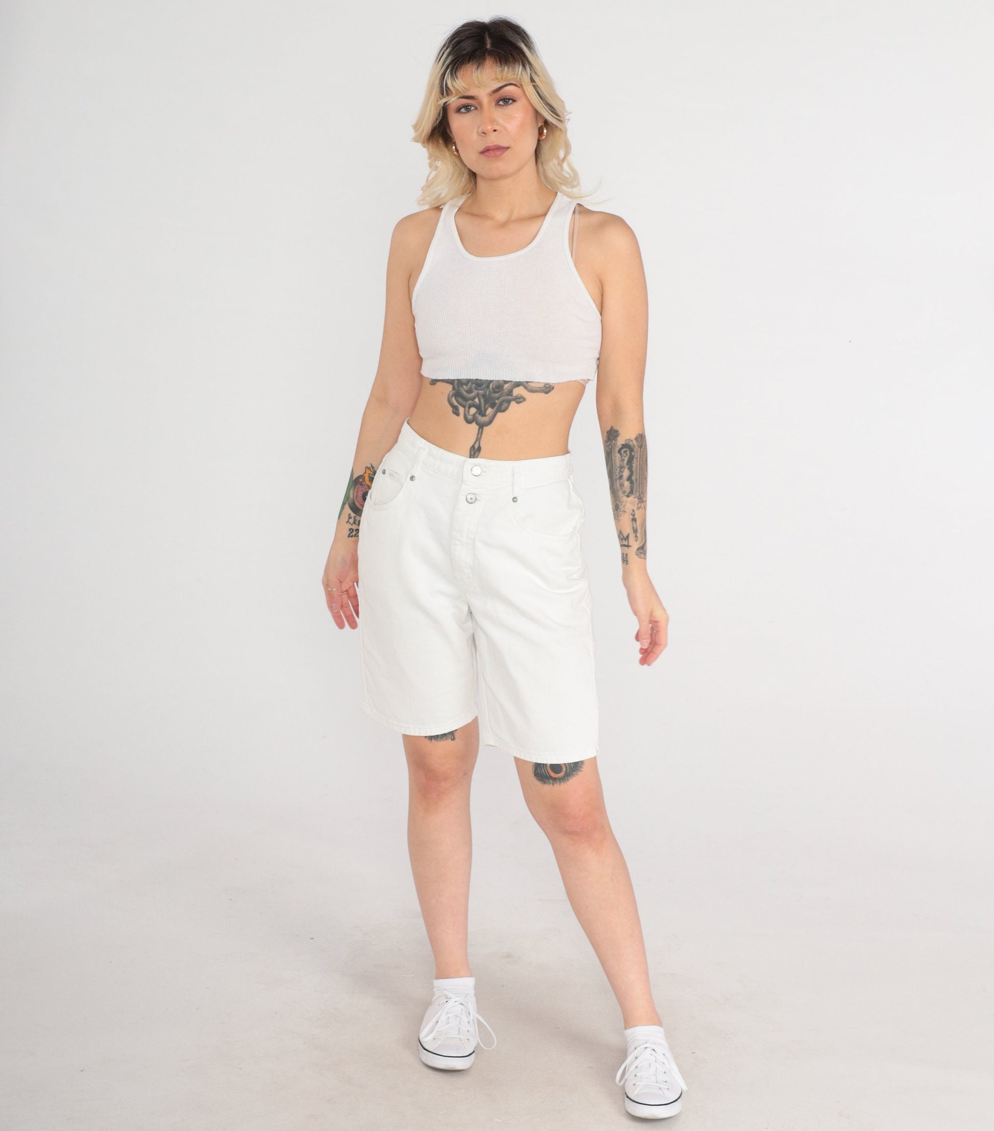 90s Lee White Denim Shorts High Waist Knee Length Small 28
