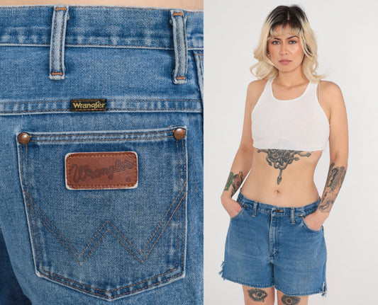 80s Wrangler High Waisted Denim Shorts Blue Frayed Cutoff XL