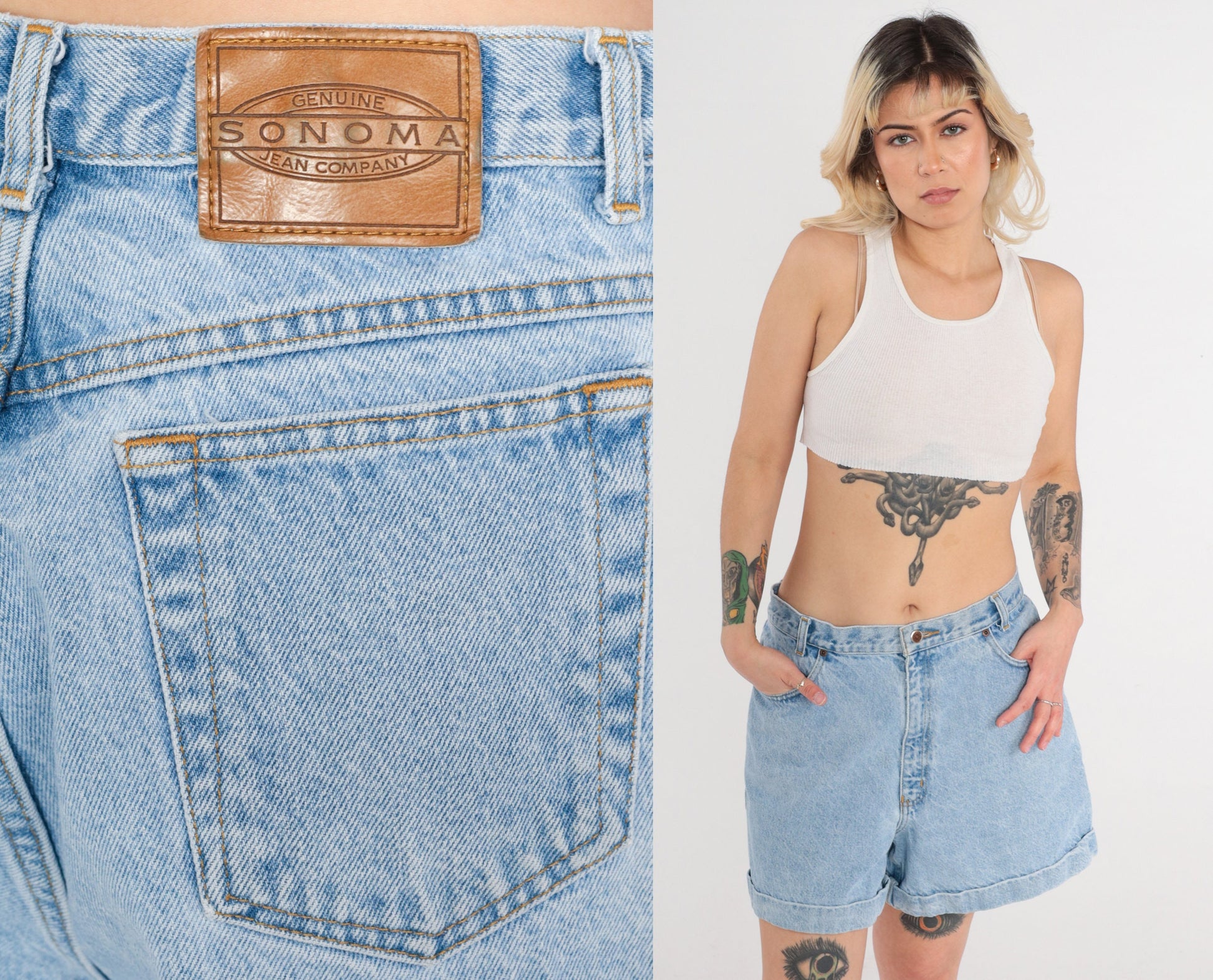 90s Sonoma Denim Shorts High Waist Cuffed Light Wash Blue Large