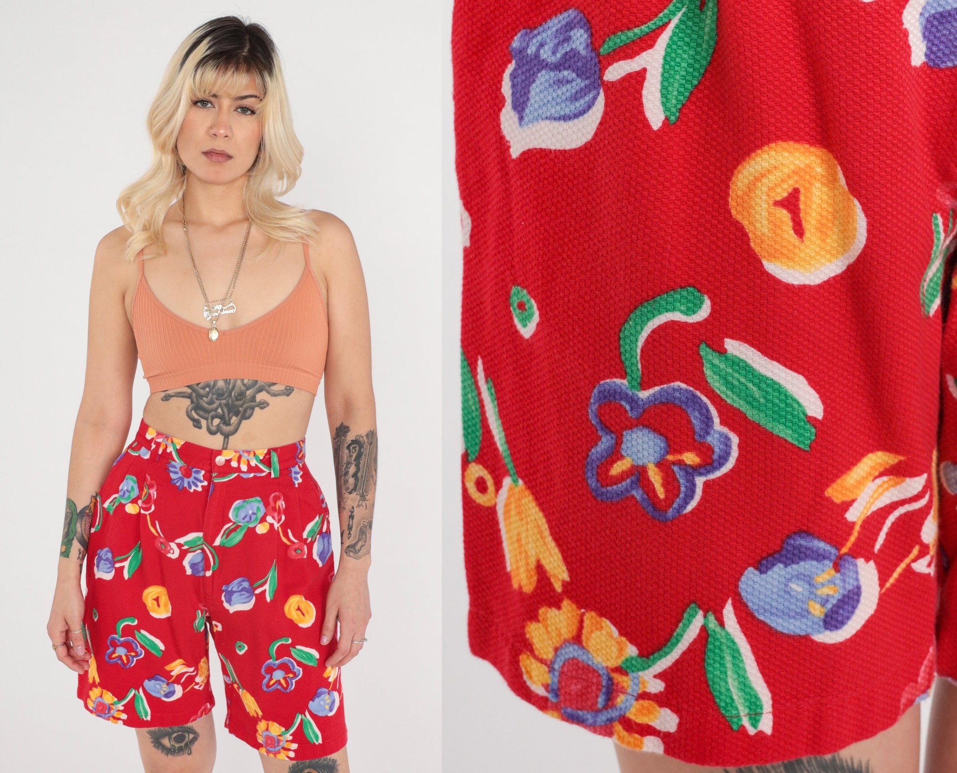 90s Red Floral High-Waisted Shorts Cotton Pockets Small