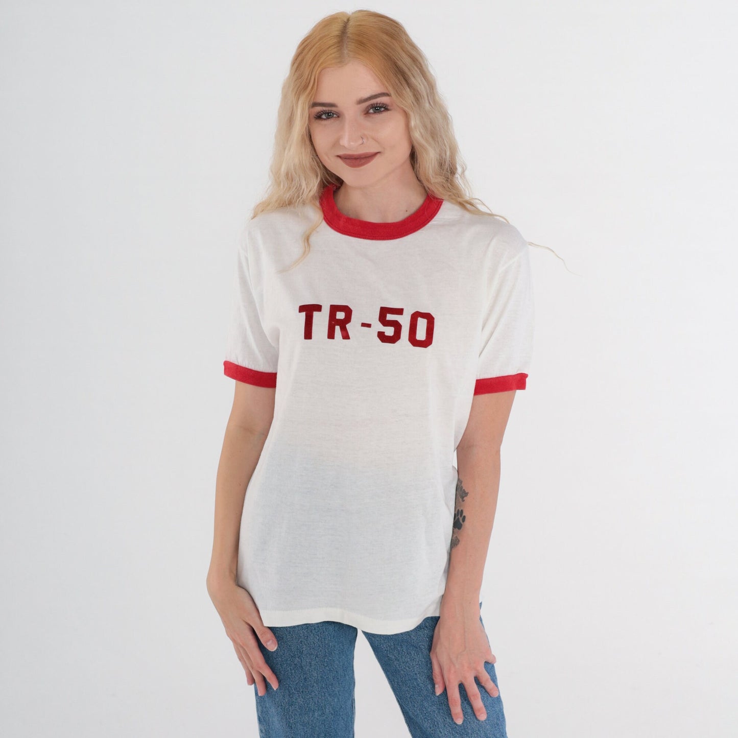 80s TR-50 Ringer Tee White Red Graphic T-Shirt Single Stitch Large L
