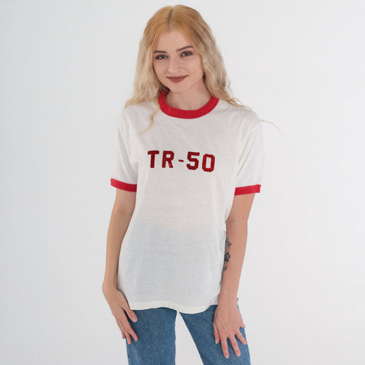 80s TR-50 Ringer Tee White Red Graphic T-Shirt Single Stitch Large L