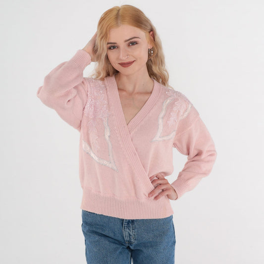 80s Pink Floral Knit Sweater V-Neck Faux Wrap Embroidered Medium M