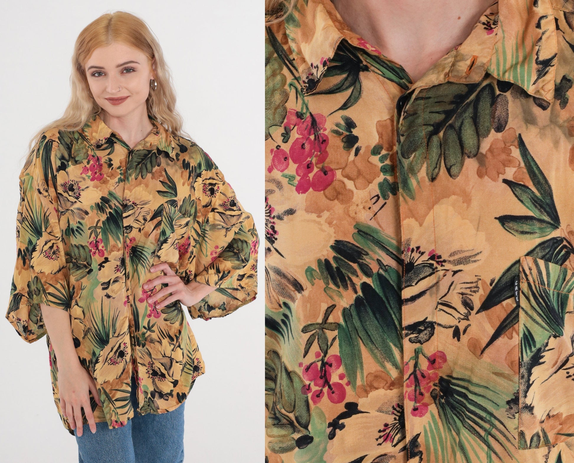 90s Tropical Floral Leaf Print Hawaiian Button-Up Shirt Tan Green Pink Men's XL
