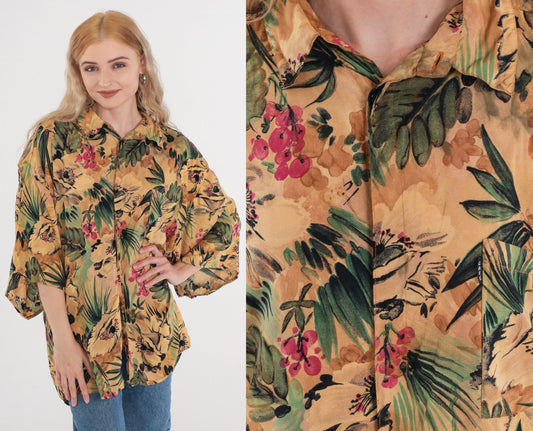 90s Tropical Floral Leaf Print Hawaiian Button-Up Shirt Tan Green Pink Men's XL