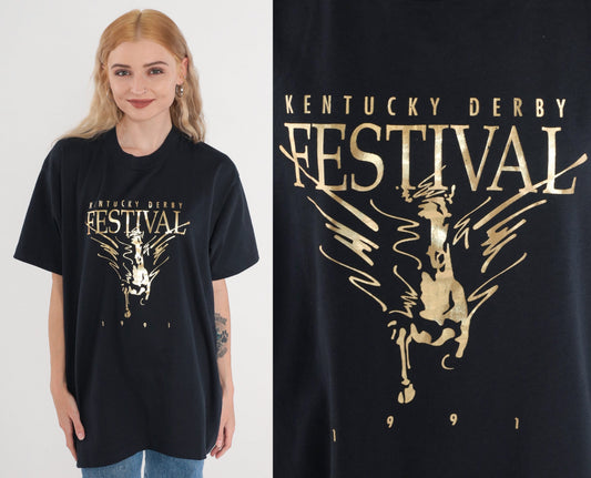 1993 Kentucky Derby Graphic T-Shirt 90s Horse Racing Metallic Black Gold Extra Large XL