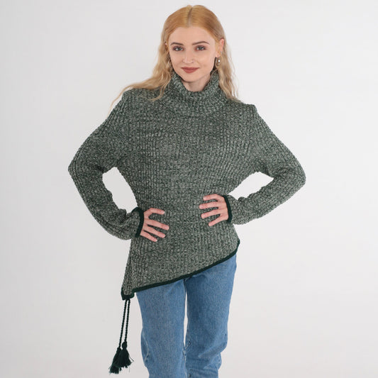 80s Heather Green Wool Blend Turtleneck Sweater Asymmetrical Hem Tassel Medium Large