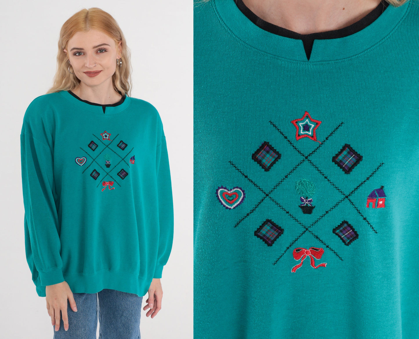 90s Koret Sport Embroidered Sweatshirt Teal Crewneck Pullover XXL