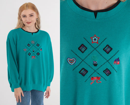 90s Koret Sport Embroidered Sweatshirt Teal Crewneck Pullover XXL