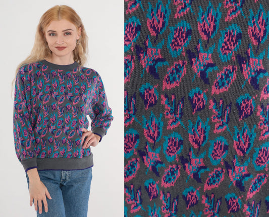 90s Floral Knit Sweater Grey Ringer Crewneck Pink Purple Blue Small