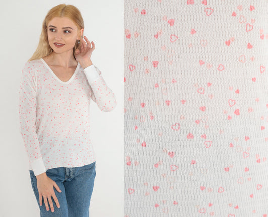 80s Heart Print Waffle Knit Thermal Shirt White V-Neck Long Sleeve Small