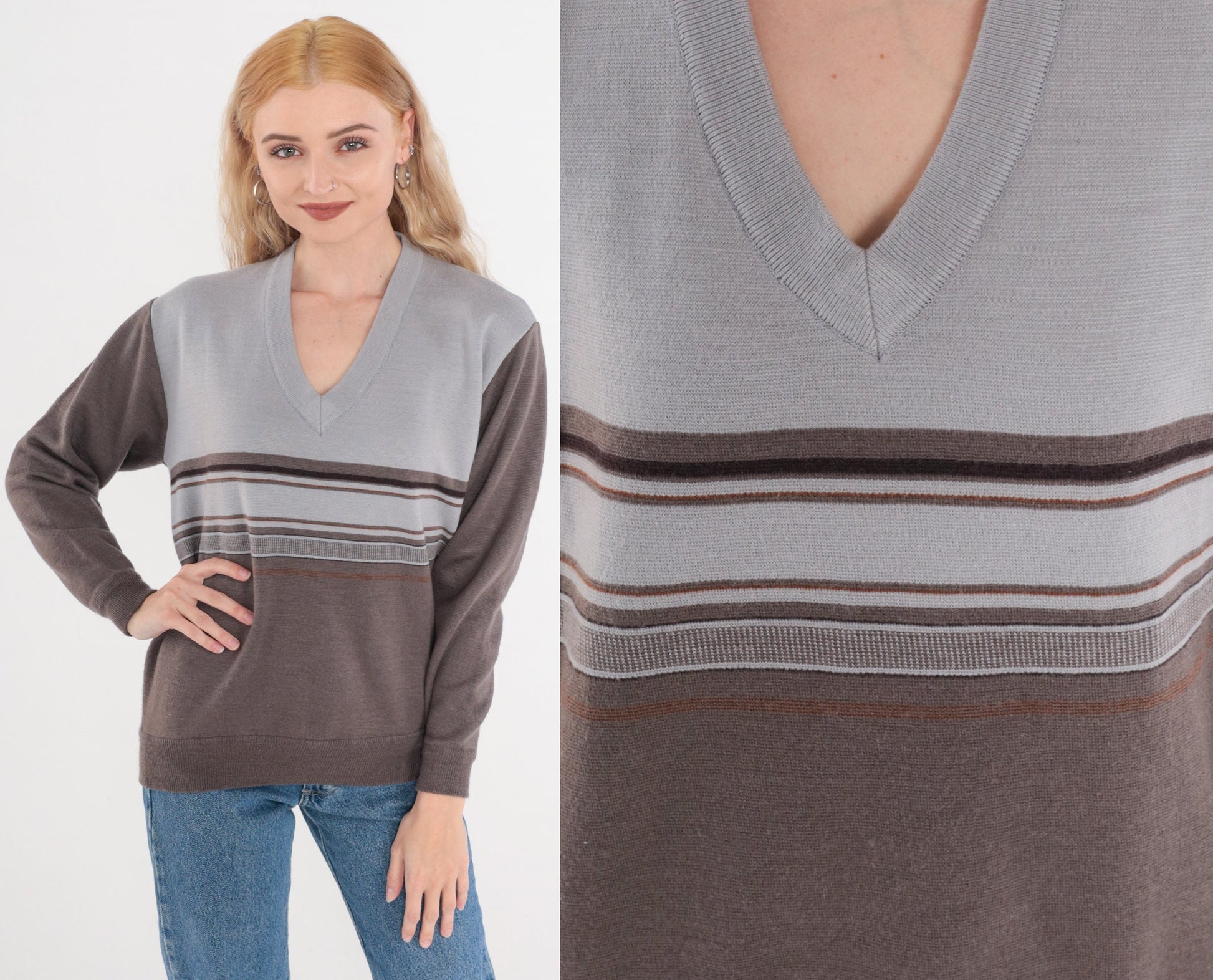 80s Striped V-Neck Sweater Wool Blend Grey Taupe Pullover Small Medium