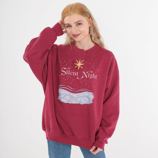90s Jerzees Silent Night Christmas Sweatshirt Rhinestone Star Magenta XL
