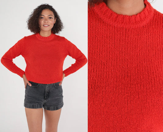 80s Red Knit Crewneck Sweater Pullover Small