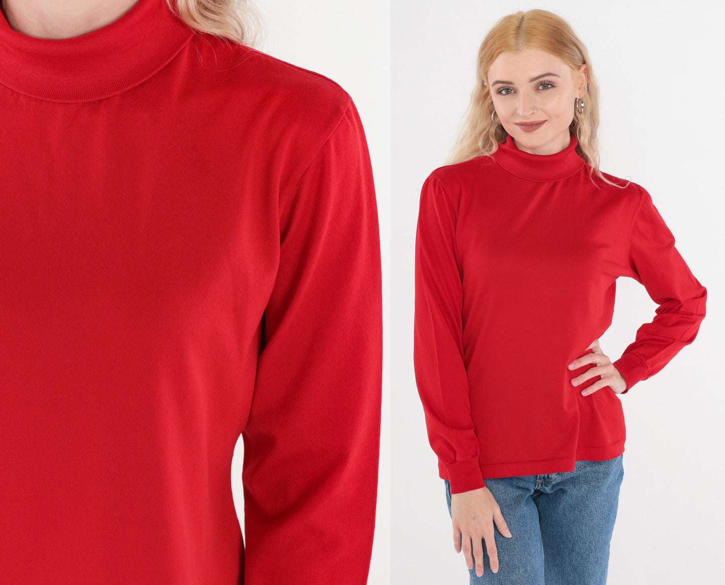 80s Red Turtleneck Long Sleeve Cotton Pullover Medium