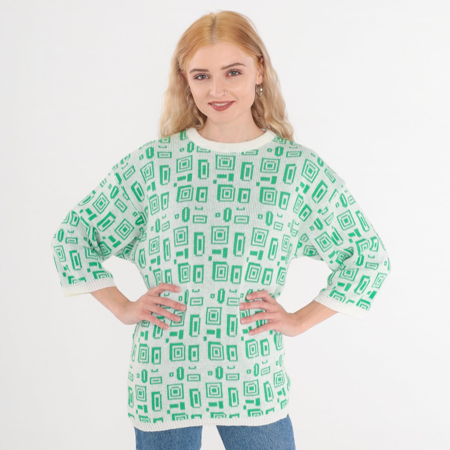 80s Helen Harper Geometric Square Knit Sweater White Green 3/4 Sleeve Small