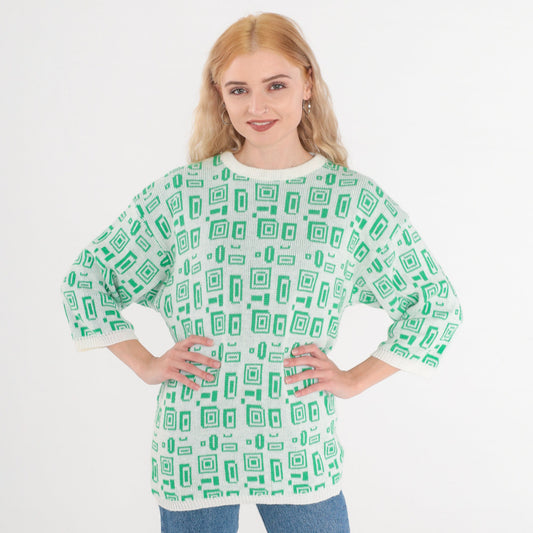 80s Helen Harper Geometric Square Knit Sweater White Green 3/4 Sleeve Small